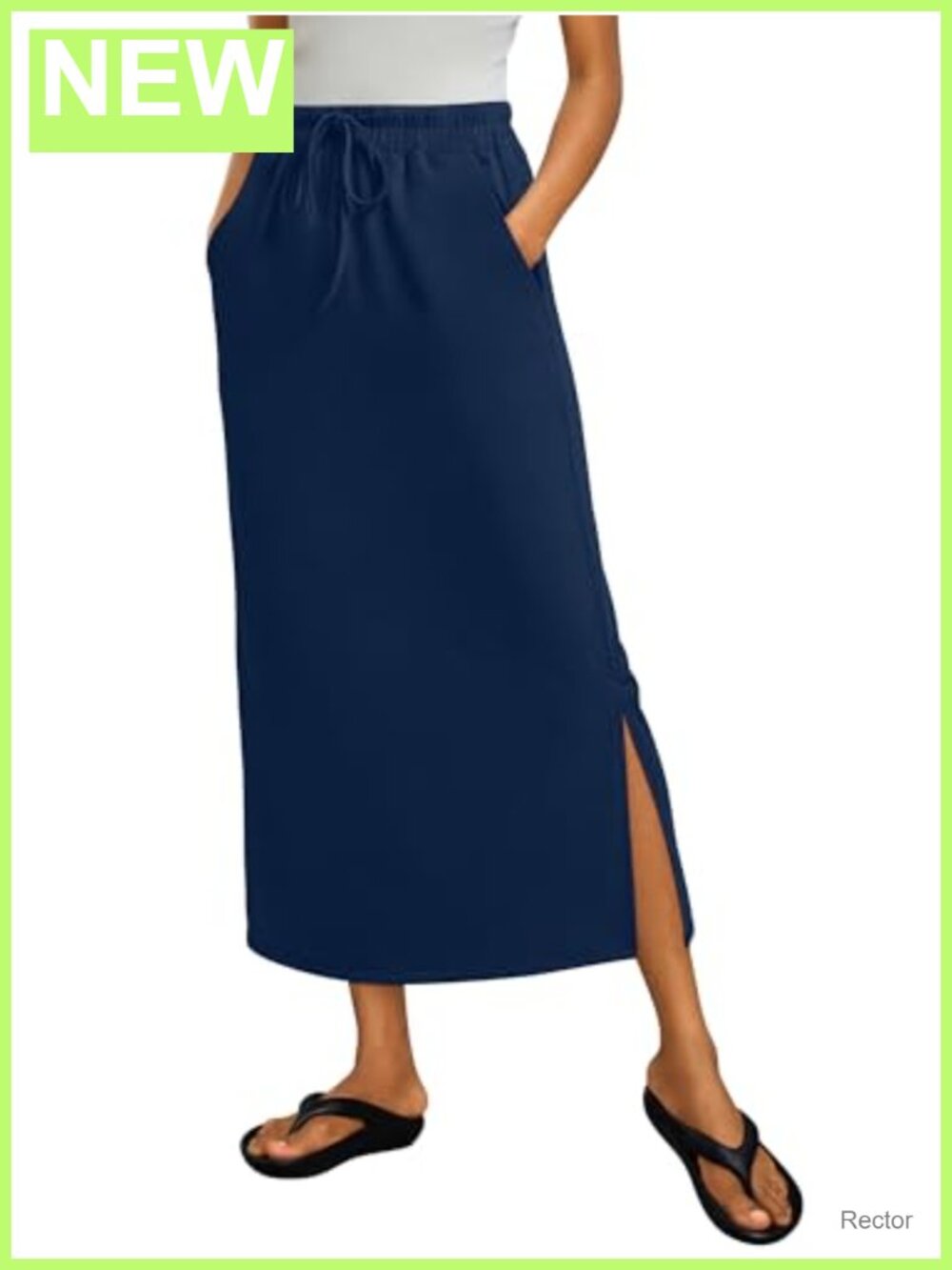 Maxi Skirt High Waist Side Slit Pockets Drawstring Rayon Blend